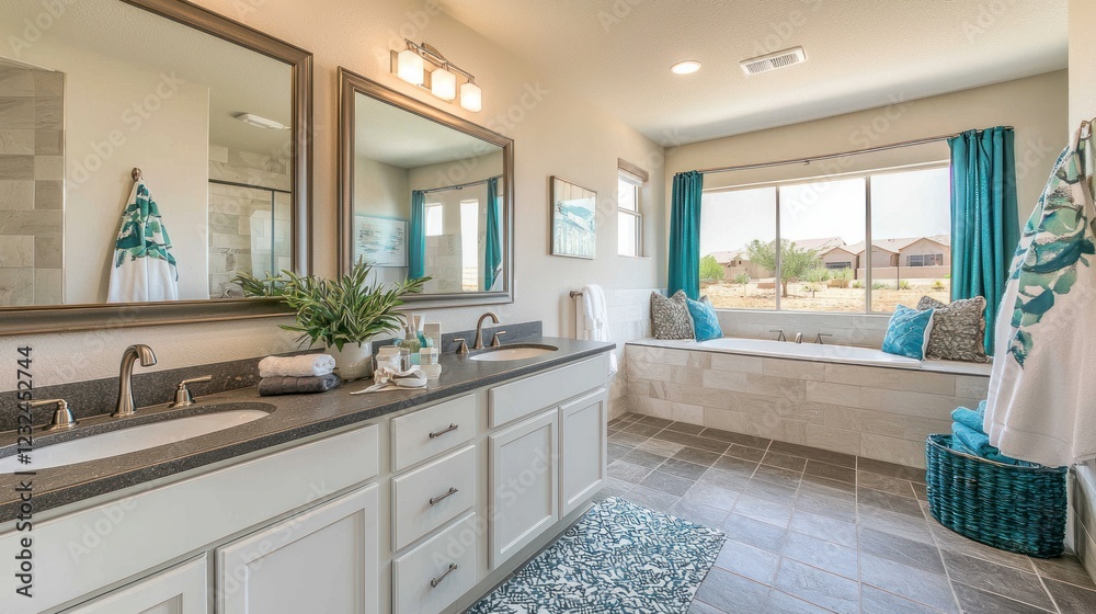 Fototapeta premium Luxurious master bathroom with double vanity, soaking tub, and teal accents.