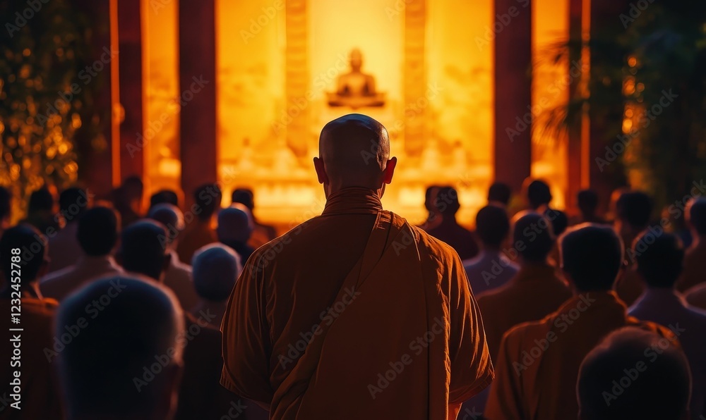 Naklejka premium Monks face golden altar, many in orange robes.