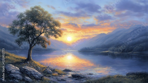 Serene landscape painting depicting a solitary tree beside a calm lake at sunset. Warm sunset colors are reflected on the water, creating a peaceful