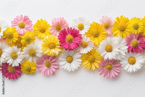 Close-up view of a vibrant border of spring yellow, pink, and white daisies on a clean white background