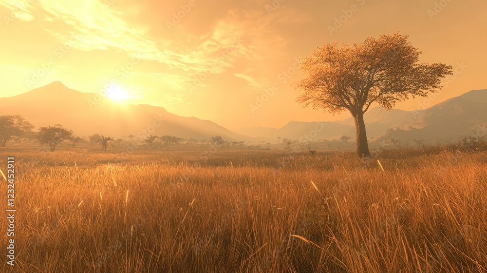Fototapeta premium Golden hour sunlight bathes a savanna landscape, illuminating tall grass and a solitary tree silhouetted against hazy mountains in the distance