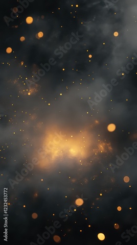 Glowing embers in dark smoky space; abstract background for design