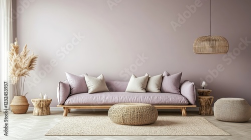 Scandinavian minimalist living room with a lilac sofa with pillows 
