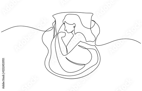 Continuous single line sketch drawing of woman sleeping on pillow bed one line lifestyle vector, Woman home sleep relax relax calm tired one line art design vector.