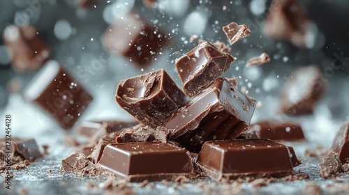 Chocolate pieces flying in mid-air with fragments and shards captured in high definition. Generative AI