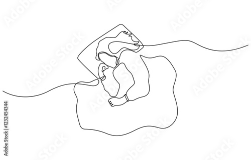 Continuous single line sketch drawing of woman sleeping on pillow bed one line lifestyle vector, Woman home sleep relax relax calm tired one line art design vector.