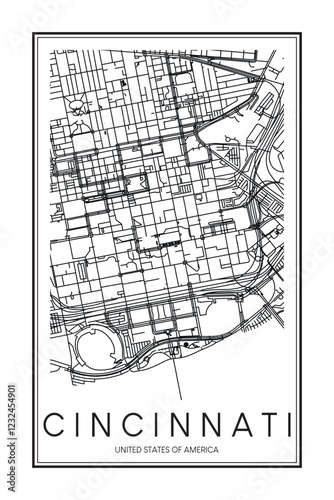 Printable downtown road map poster of the USA city of CINCINNATI on solid white background with city name