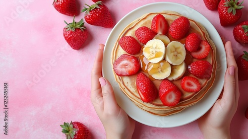 A beautifully plated stack of golden pancakes topped with fresh strawberries, banana slices, and drizzled honey for brackfast, flat lay photo