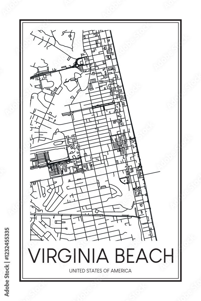 Obraz premium Printable downtown road map poster of the USA city of VIRGINIA BEACH on solid white background with city name