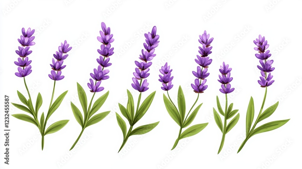 Obraz premium Beautiful Lavender Flowers with Green Leaves on a White Background