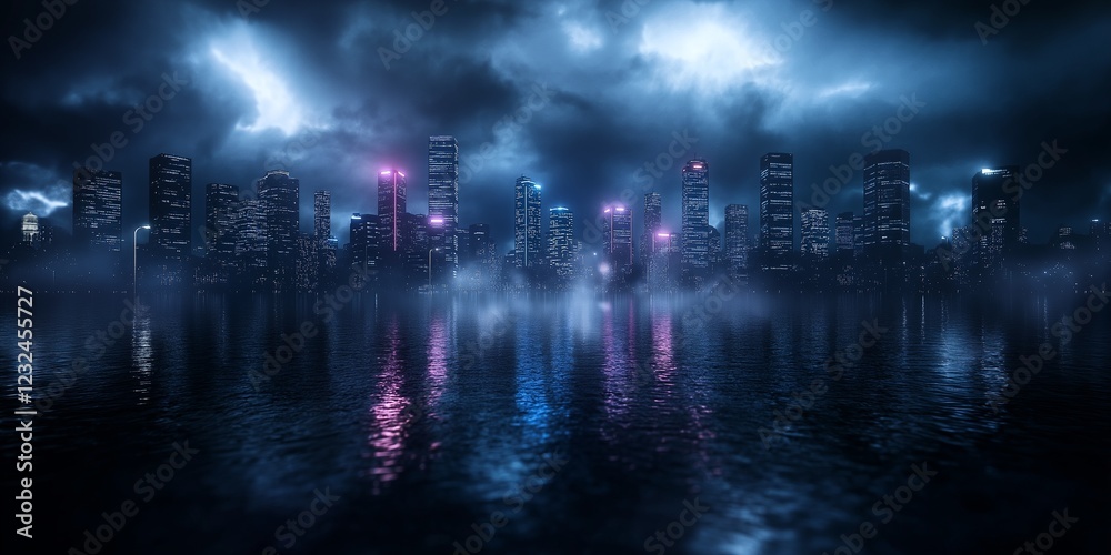 Fototapeta premium A city skyline is reflected in the water