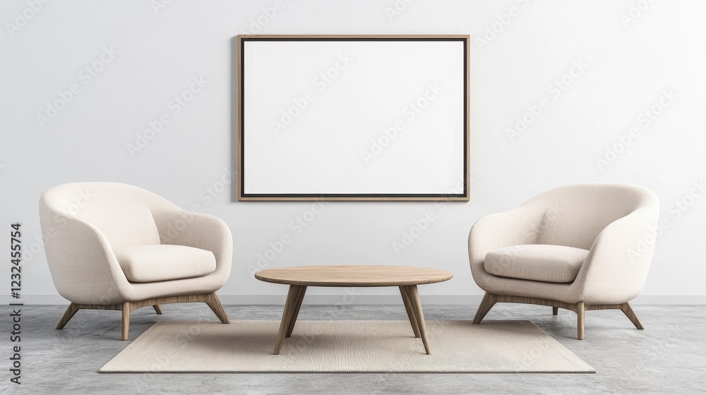 Minimalist Living Room with Cozy Chairs and Empty Frame Display Minimalist Living Room with Cozy Chairs and Empty Frame Display