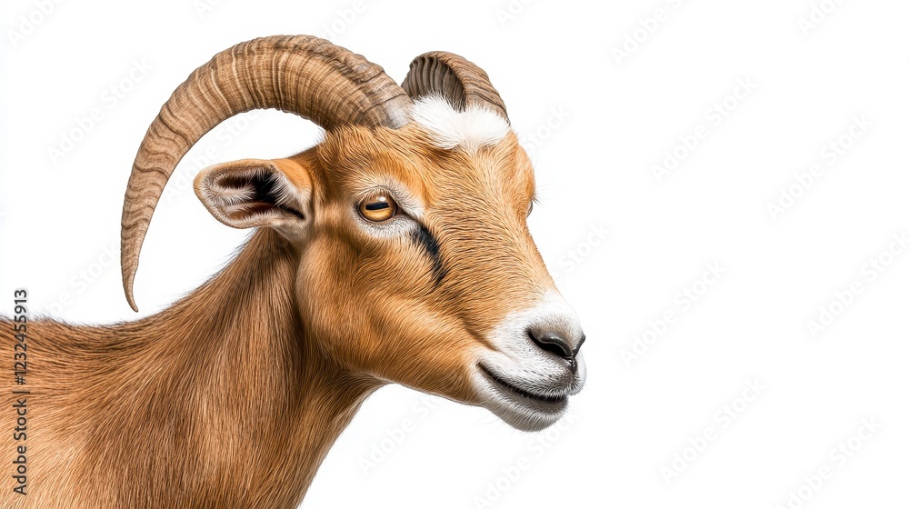 Close-Up Portrait of a Goat with Curved Horns and Charming Expression Close-Up Portrait of a Goat with Curved Horns and Charming Expression