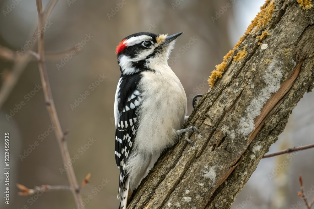 Downy Woodpecker perched on a tree trunk with feathers puffed out, forest, beak, tree, downy woodpecker Downy Woodpecker perched on a tree trunk with feathers puffed out, forest, beak, tree, downy woodpecker