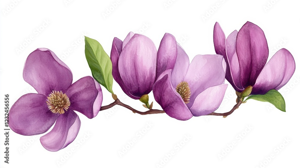 Beautiful Purple Magnolia Flowers on Branch Isolated on White Background Beautiful Purple Magnolia Flowers on Branch Isolated on White Background