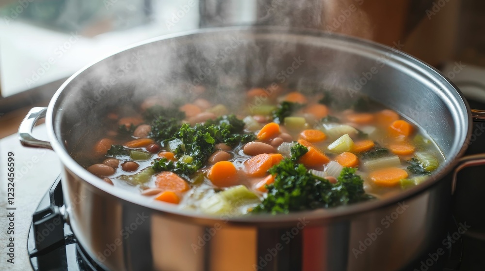 Steaming pot of soup with beans, carrots and greens. Steaming pot of soup with beans, carrots and greens.