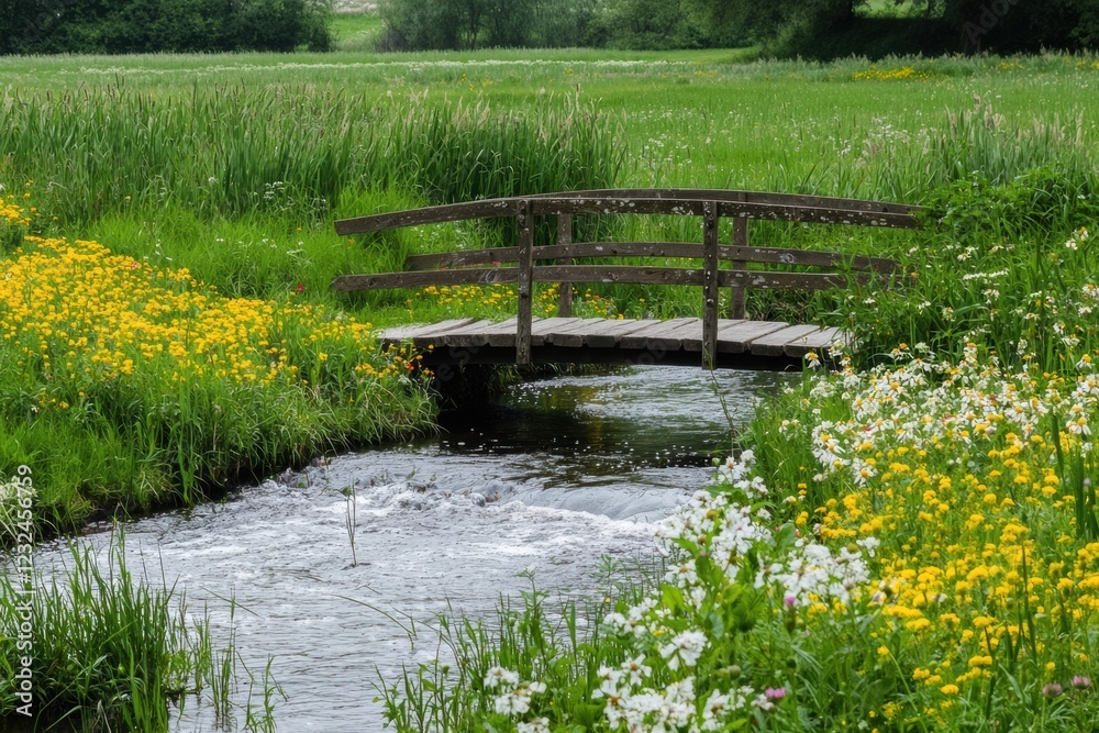 Fototapeta premium Rustic wooden bridge over flower stream