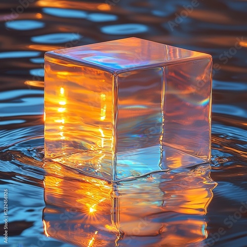 A mesmerizing, slow-motion wobble undulates across the surface of a translucent, iridescent jelly-like cube as it gradually sinks into a serene, silky-smooth liquid surface, creating a hypnotic