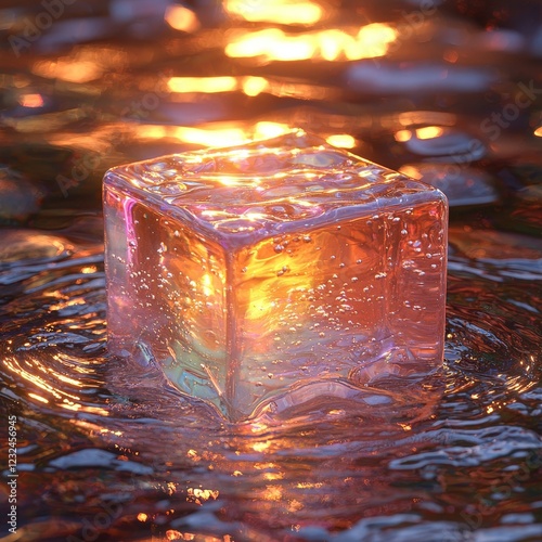 The surface of a translucent, iridescent jelly-like cube wobbles in a mesmerizing, slow-motion fashion as it descends into a serene, silky-smooth liquid surface, forming a hypnotic pattern photo