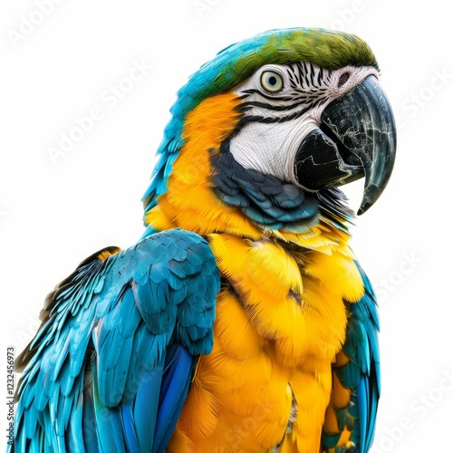 Blue and yellow macaw parrot showing its colorful plumage on white background