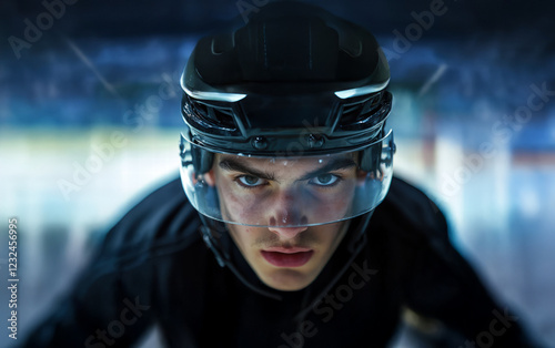 Intense Focus: A hockey player prepares for the face-off, eyes locked on the prize.