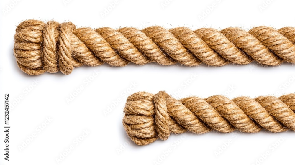 Close-Up View of Twisted Natural Fiber Rope with Knots on White Background Close-Up View of Twisted Natural Fiber Rope with Knots on White Background