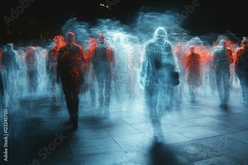 Group of diverse individuals standing together on a sidewalk in an urban environment photo