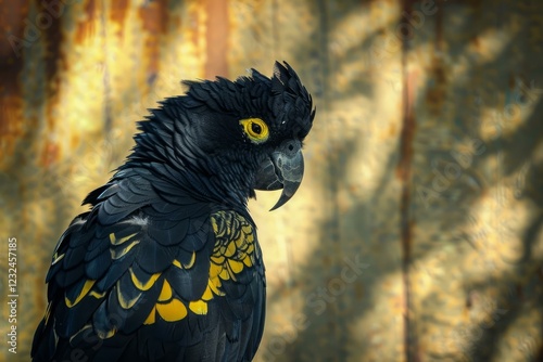 Portrait of a beautiful yellow tailed black cockatoo perched and showing its colorful feathers