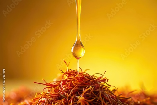 Dripping saffron threads onto a golden yellow background, saffron threads, botanicals