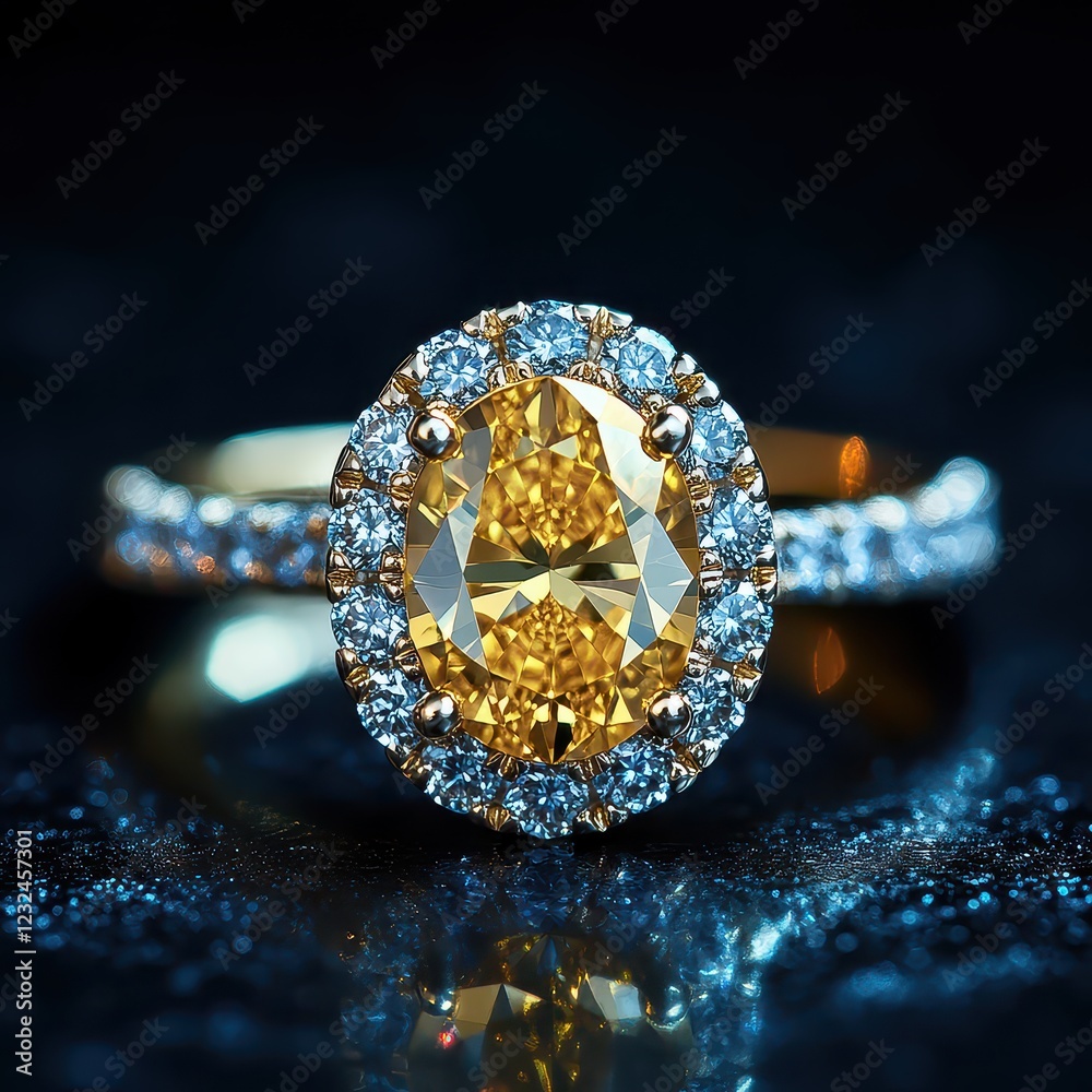 Elegant Yellow Diamond Ring with Halo Design and Brilliant Accents Elegant Yellow Diamond Ring with Halo Design and Brilliant Accents