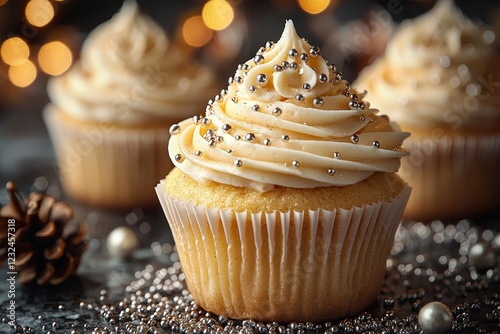 On a marble surface, delicious silver-topped cupcakes are elegantly arranged, ideal for a festive celebration or special occasion photo