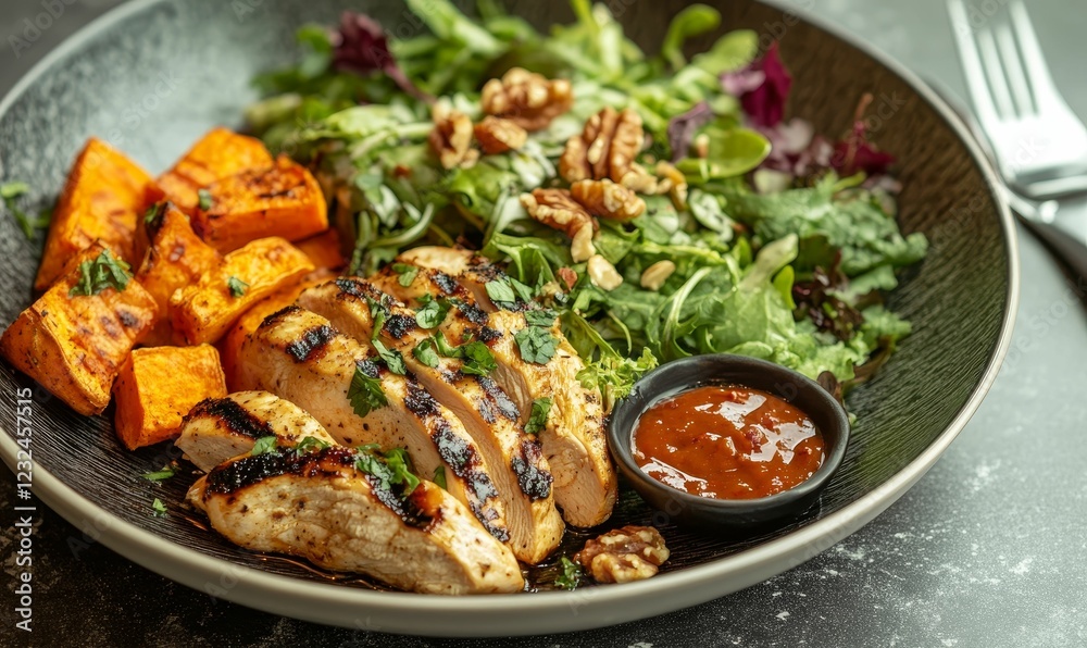 A healthy plate of chicken, greens, sauce, and yam. A healthy plate of chicken, greens, sauce, and yam.