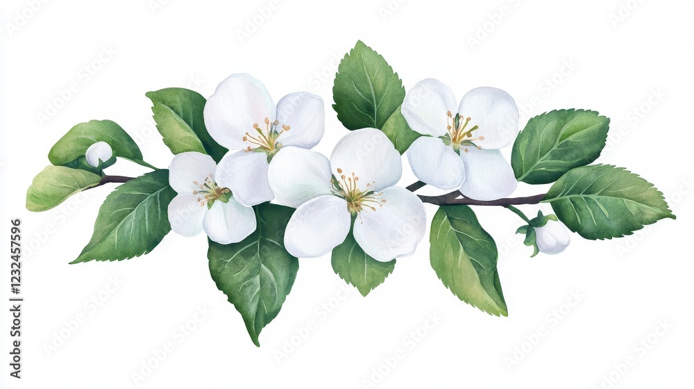 Fototapeta premium White Blossoms on Branch with Green Leaves, Floral Arrangement Design
