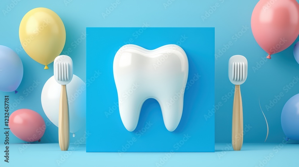 Fototapeta premium Bright and Playful Tooth Illustration with Colorful Balloons and Brushes