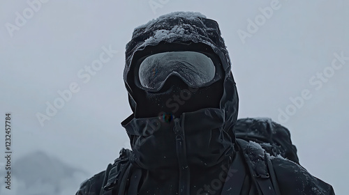 A mountaineer clad in a rugged, insulated suit, standing alone against a stark