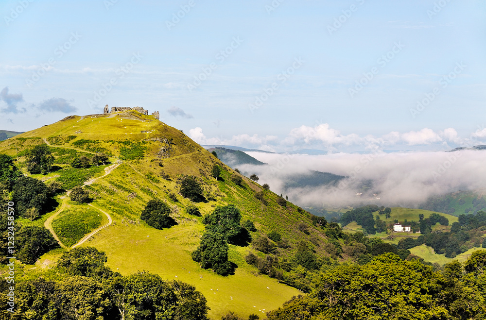 Castell Dinas Bran, Llangollen, Denbighshire, Wales. On an Iron Age site, the stone castle dates from 13 C. Summer morning mist