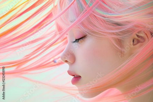 Young woman with vibrant pink hair in flowing motion against a soft pastel background