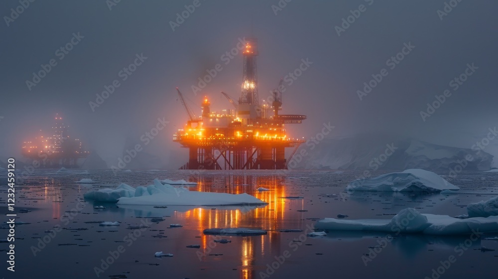 Obraz premium Oil rigs stand tall and illuminated in the murky fog, reflecting lights on the icy water, highlighting the challenging conditions of energy extraction in remote, frozen regions.