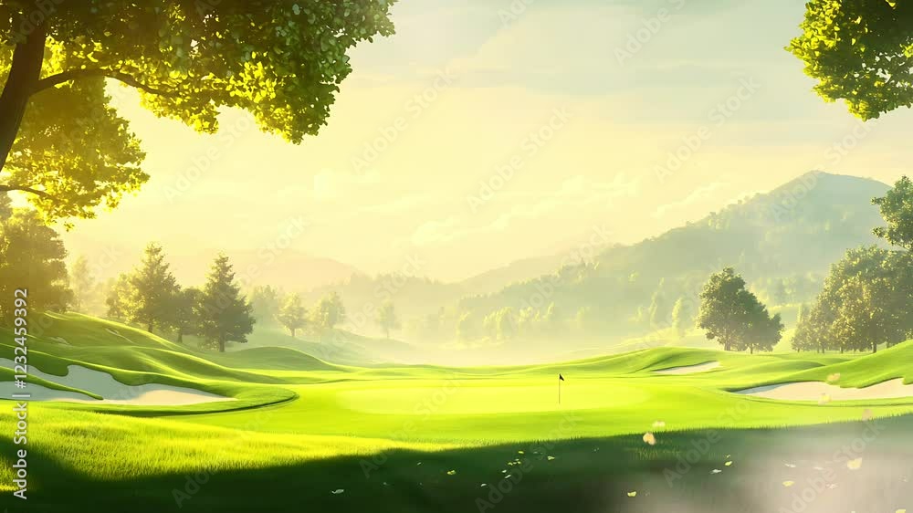 custom made wallpaper toronto digitalBright sunlit golf course surrounded by rolling green hills and trees in a peaceful landscape. Seamless looping time-lapse animation video background.  

