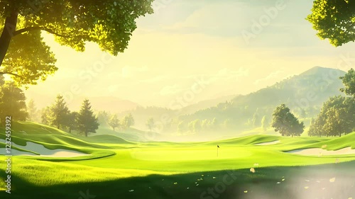 Bright sunlit golf course surrounded by rolling green hills and trees in a peaceful landscape. Seamless looping time-lapse animation video background.  
