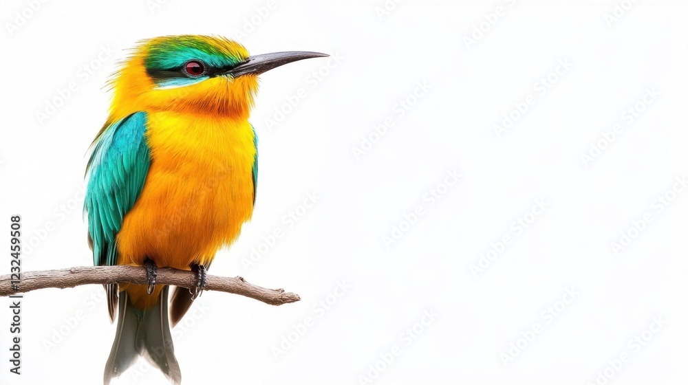 Fototapeta premium Vibrant Tropical Bird Perched on Tree Branch Against White Background