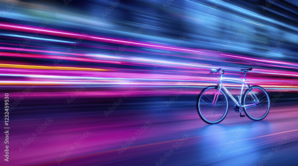Fototapeta premium vibrant bicycle stands still against backdrop of colorful light trails, creating dynamic and energetic atmosphere