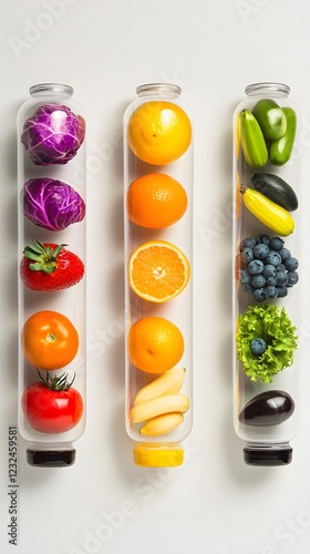 A row of colorful multivitamin capsules filled with fruits and vegetables
