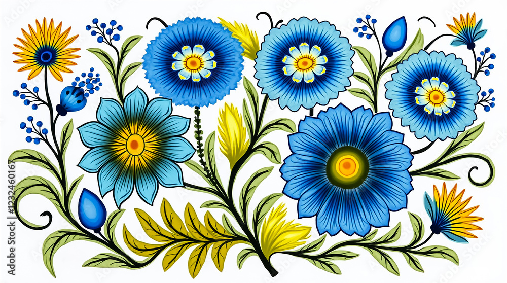 Naklejka premium A colorful arrangement of blue flowers and yellow accents showcases intricate details and patterns.