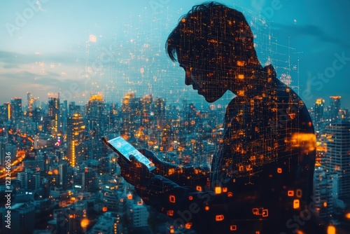 Man using a tablet device while sitting on a bench in an urban city environment during daylight hours