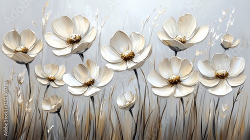 Soft, textured painting of off white flowers in a beige grass field. A neutral color palette creates a serene and calm atmosphere. The impasto