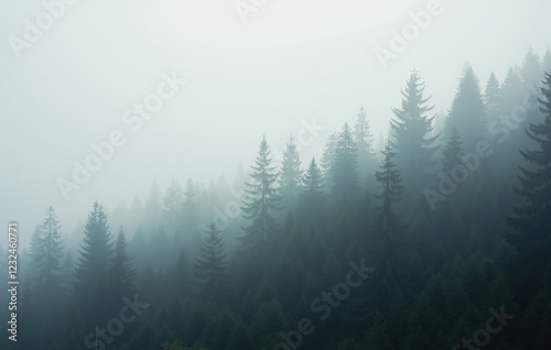 A serene misty forest landscape with dense fog covering the towering pine trees