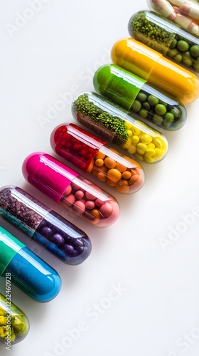 A row of colorful multivitamin capsules filled with fruits and vegetables

