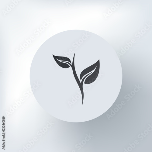 Minimalist sprout icon with two leaves in gray tones on a light background.