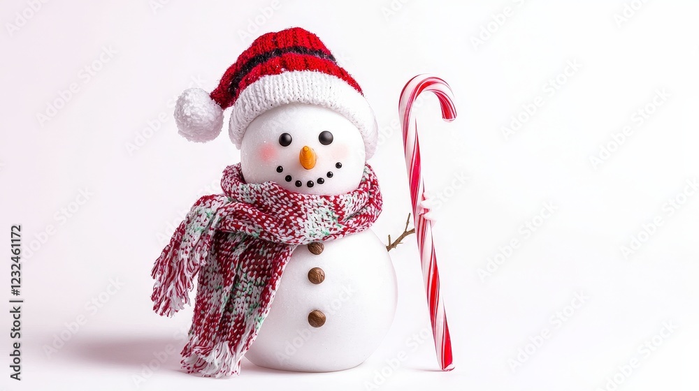 Cheerful Snowman in Red Scarf and Hat Holding Candy Cane Cheerful Snowman in Red Scarf and Hat Holding Candy Cane